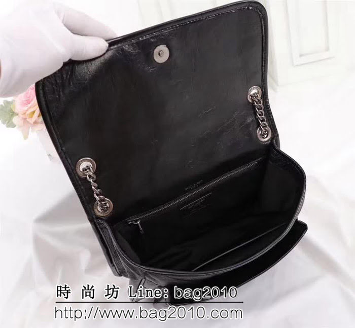 YSL聖羅蘭 專櫃對版爆款 爆裂抓皺皮黑色鏈條包 498895 YAS1130